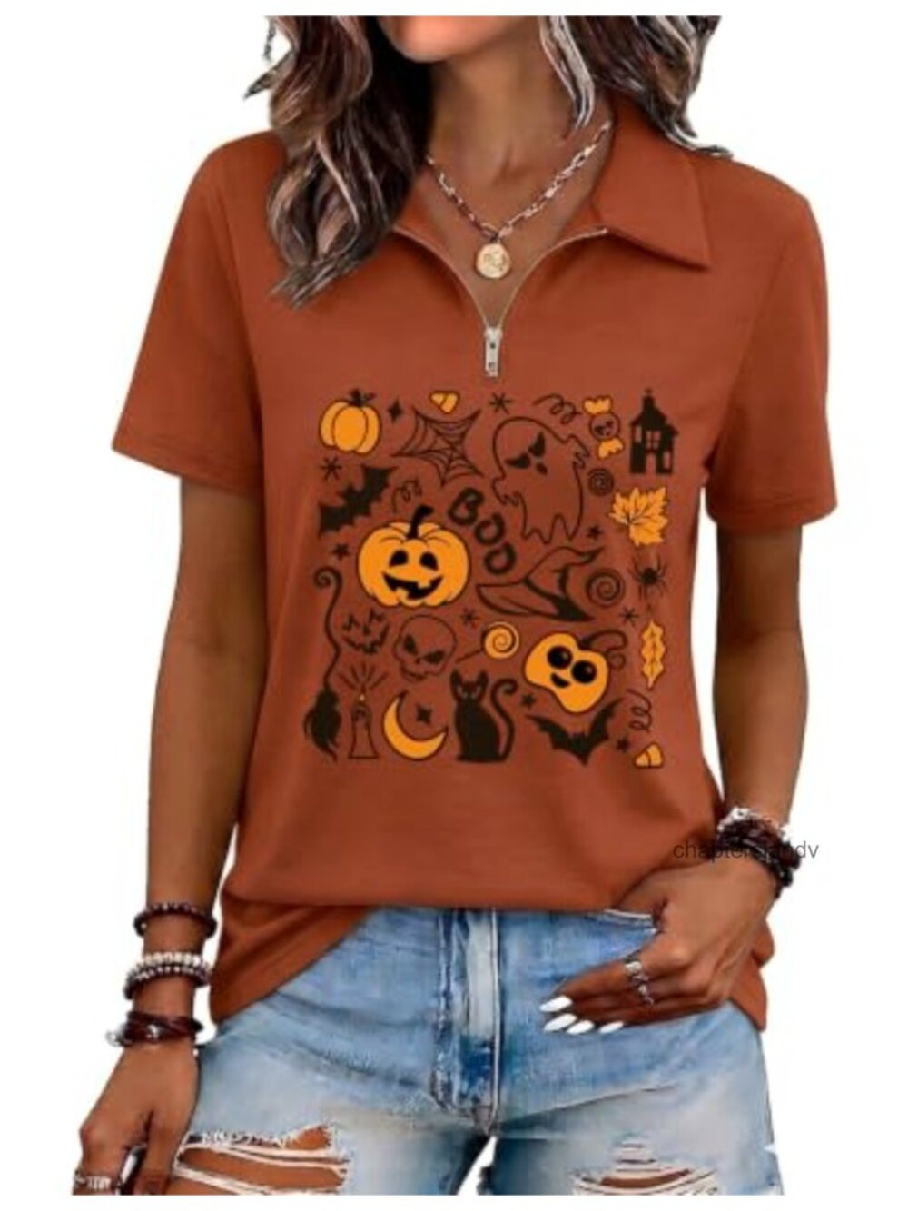 Women's Halloween Witch Zip V-Neck Short Sleeve Graphic Tee Fall Party Top